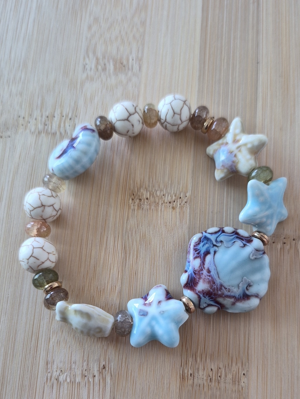 Handmade Blue and Cream Ceramic Star Bead Bracelet